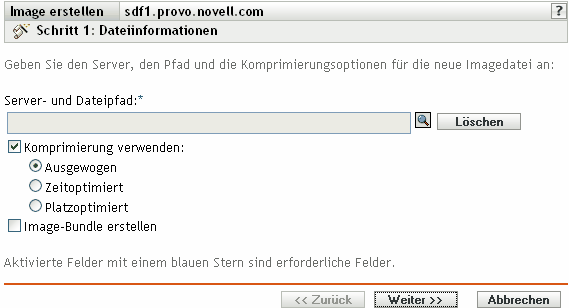 Schritt 1: Seite zur Erstellung eines neuen Bundles: Dateiinformationen (Felder Server und Dateipfad, Komprimierung verwenden und Ein Image-Bundle erstellen)