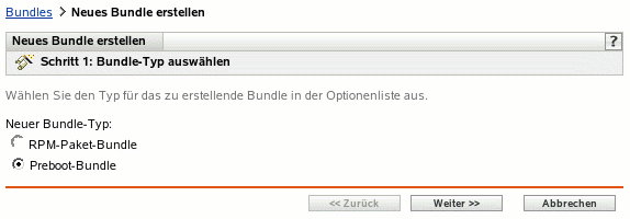 Seite "Schritt 1" zum Erstellen eines neuen Bundles: Auswahl Bundle-Typ