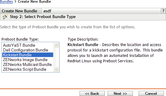 Seite "Schritt 2" zum Erstellen eines neuen Bundles: Preboot-Bundle-Typ auswählen