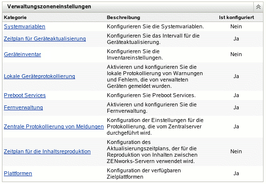 Bereich "Einstellungen für die Verwaltungszone" mit ausgewählter Option "Geräte-Inventar".