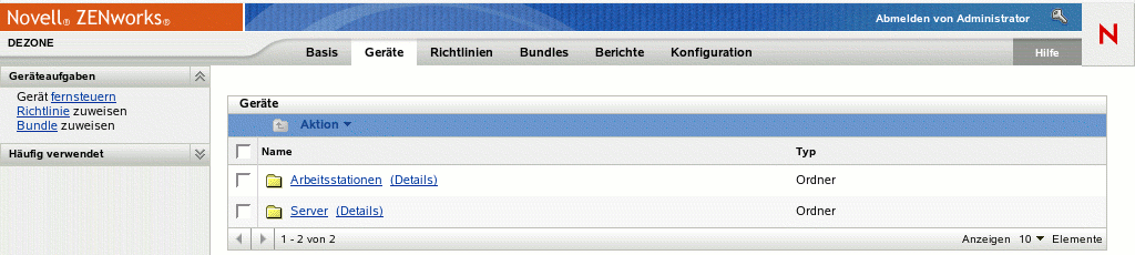 Registerkarte "Geräte", auf der die Ordner "Server" und "Arbeitsplatzrechner" angezeigt werden