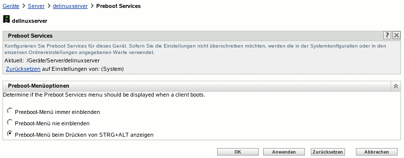 Ordner "Server", Seite "Preboot Services"