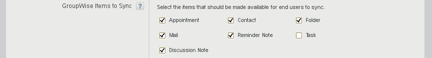 GroupWise Items to Sync sections