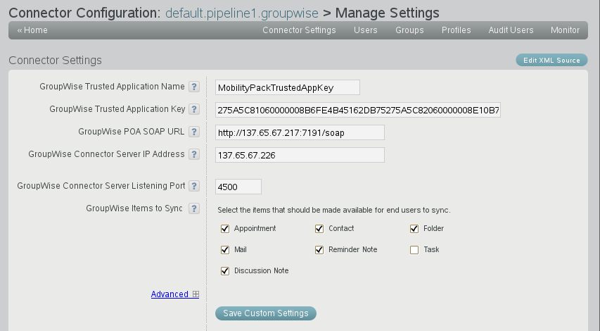 GroupWise Connector Settings page