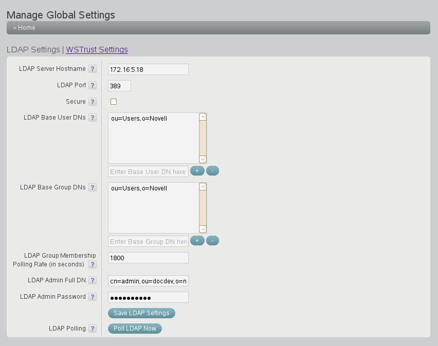 Manage Global Settings page