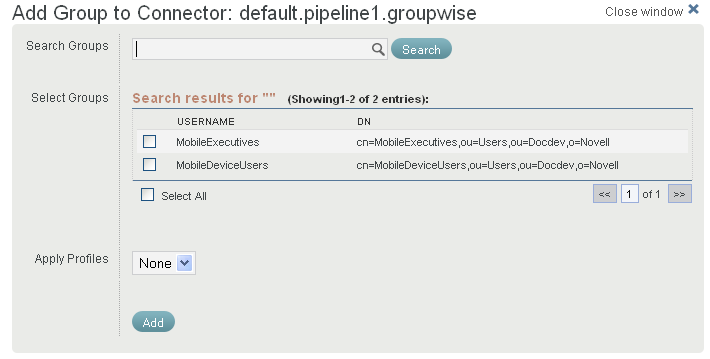 Add Group to Connector window with groups listed