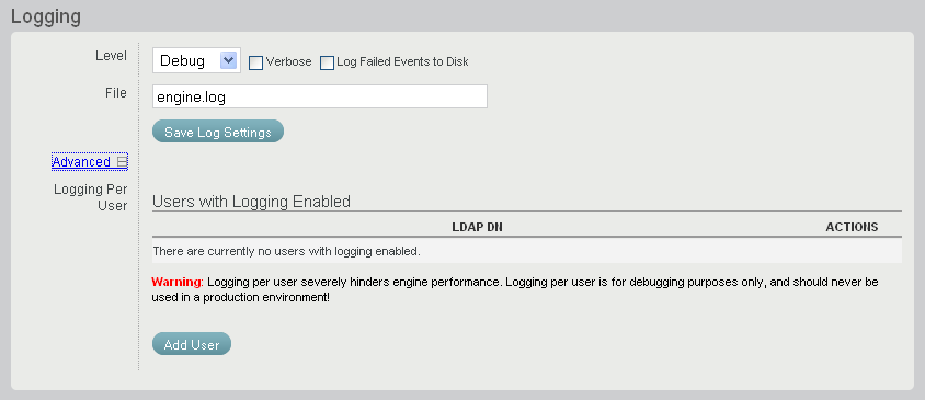 Advanced Logging section on the Engine Configuration page