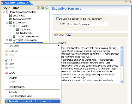 Generating Documentation for a Section