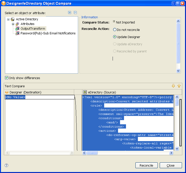 The Designer/eDirectory Object Compare window