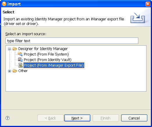 Project from an iManager export file