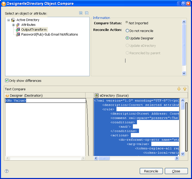 The Designer/eDirectory Object Compare window