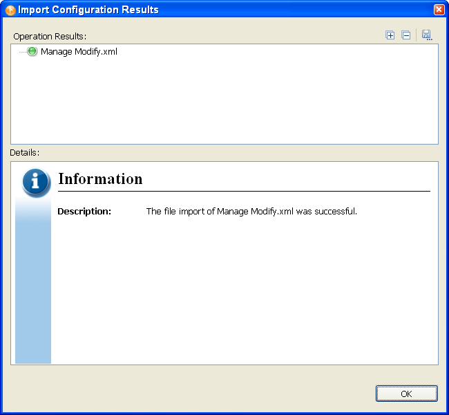 Viewing results in the Import Configuration Results window