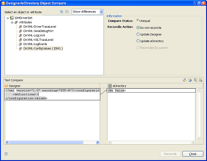 The Designer/eDirectory Object Compare window