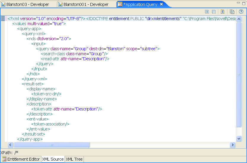 XML Source view with menu selections