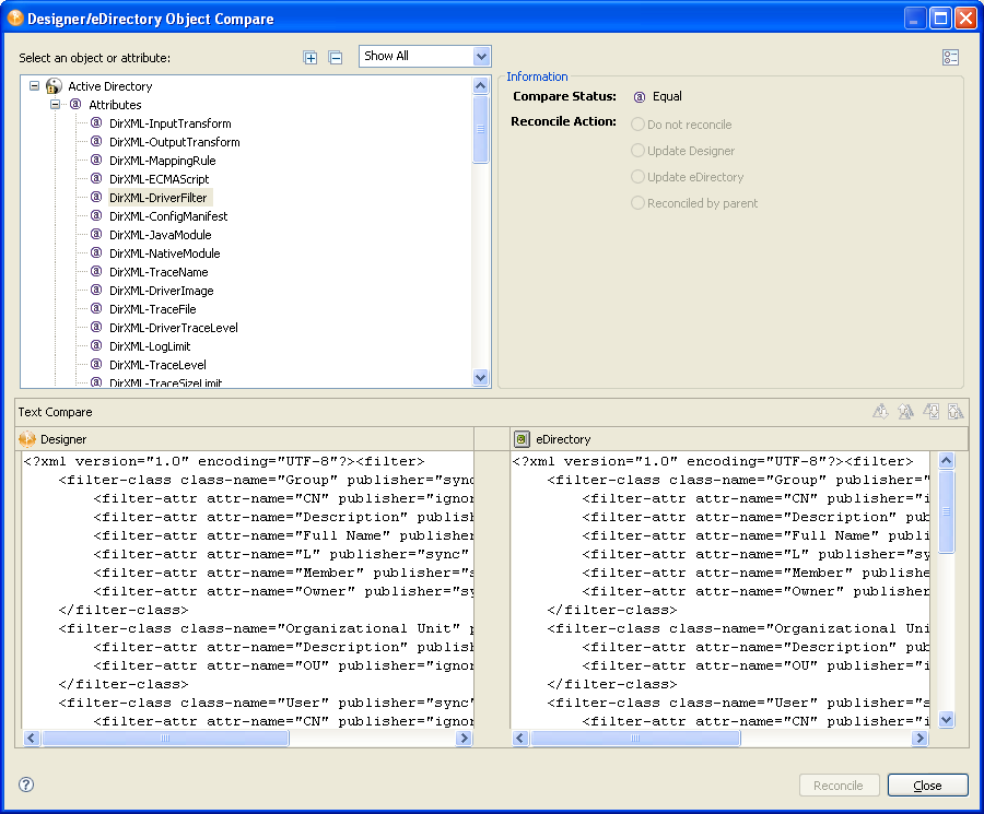 The Designer/eDirectory Object Compare window