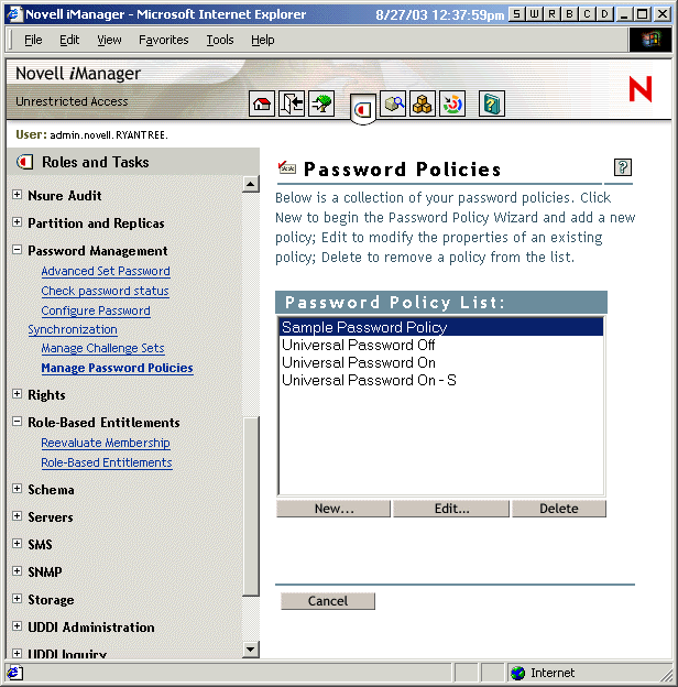 Example of password policies from NetWare 6.5 use of Universal Password