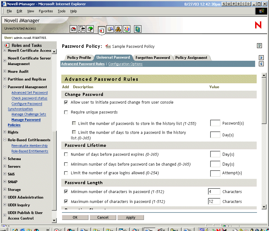 Advanced Password Rules interface