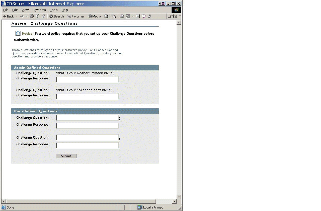 Post-authentication Challenge Set setup