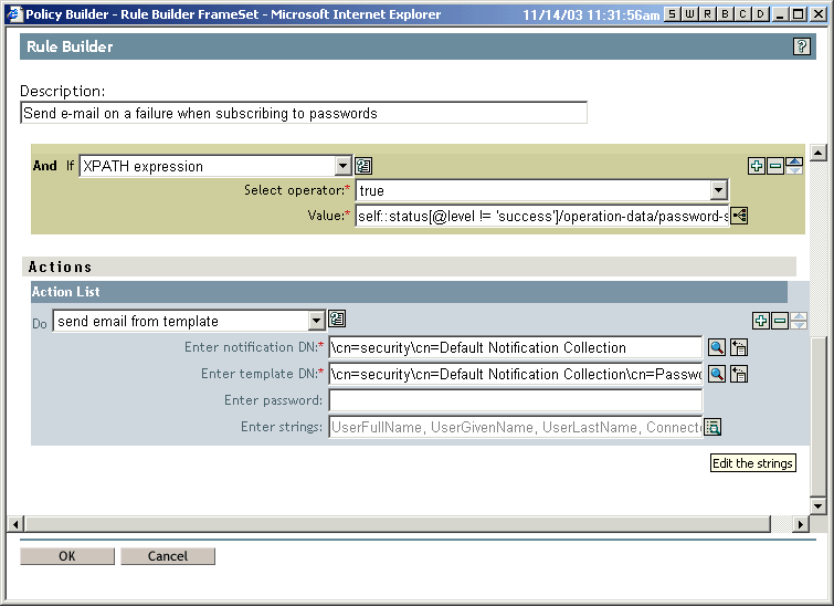 Page for editing a rule, showing the list of actions