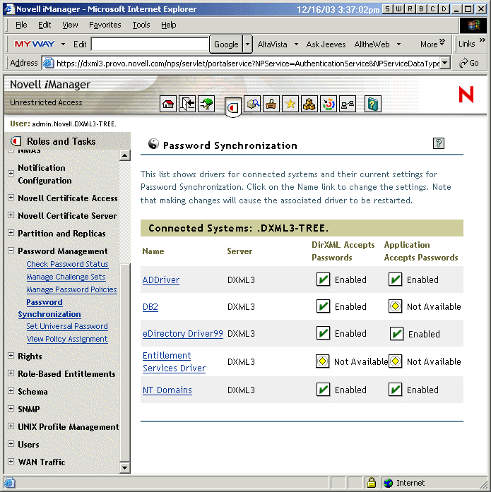 List of connected systems showing whether passwords are allowed to flow on publisher and subscriber channels