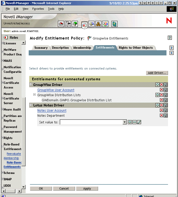 Interface for attribute value entitlements