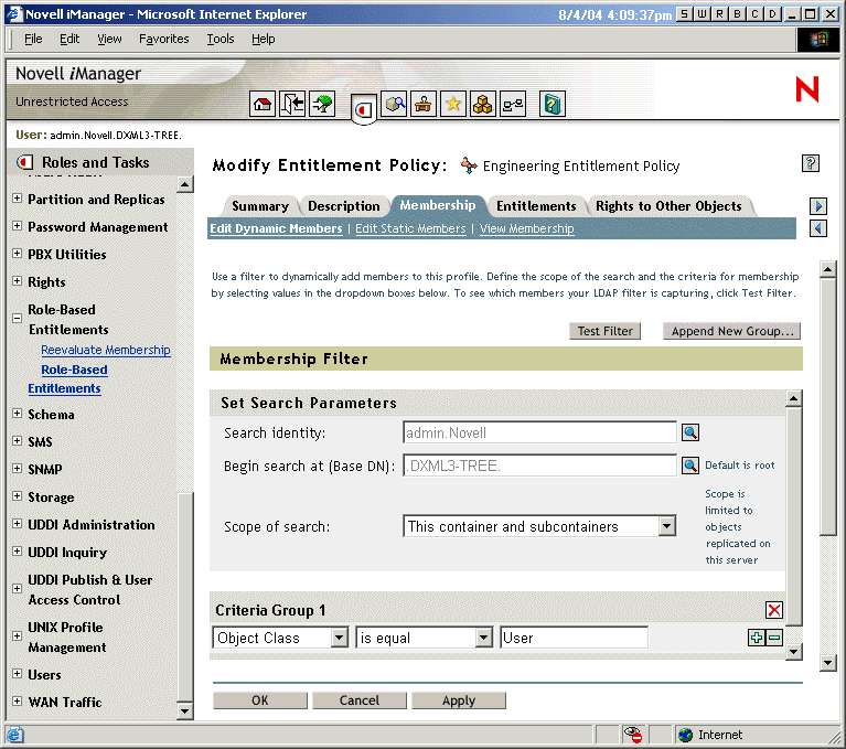 Interface for defining dynamic membership with an LDAP filter