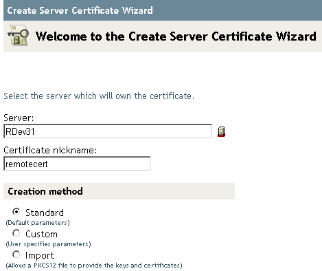 The Server and Certificate Nickname edit boxes