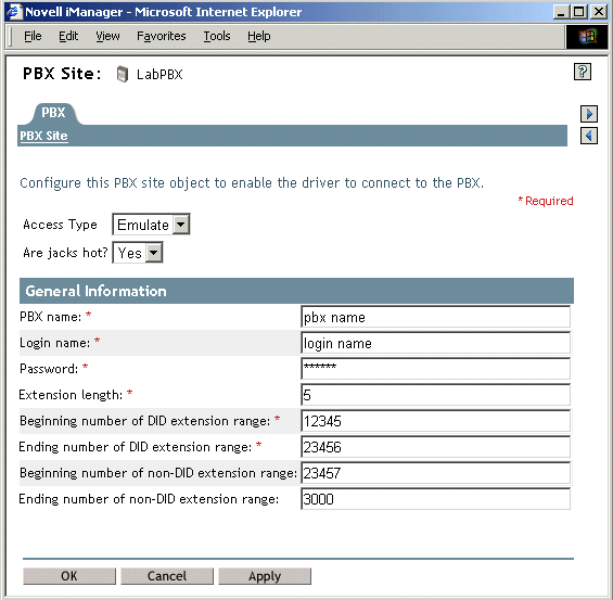 The PBX Site page, where you edit attributes of the site