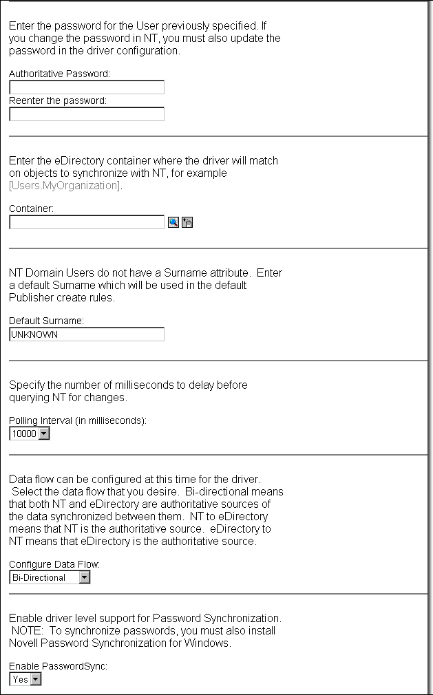 NT Configuration Form (continued)