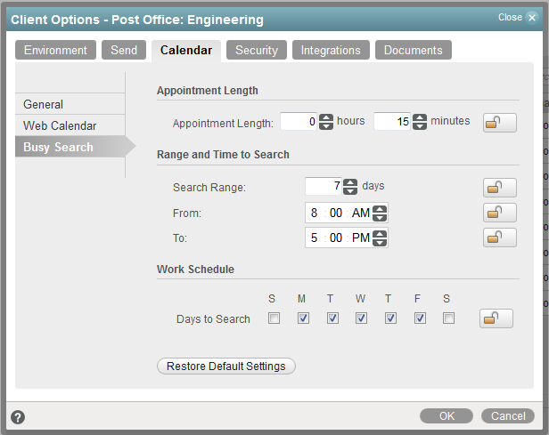 Calendar Options dialog box -- Busy Search tab