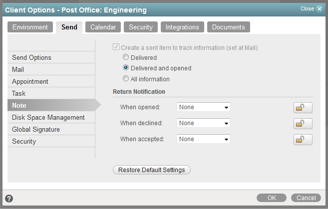 Send Options dialog box -- Note tab