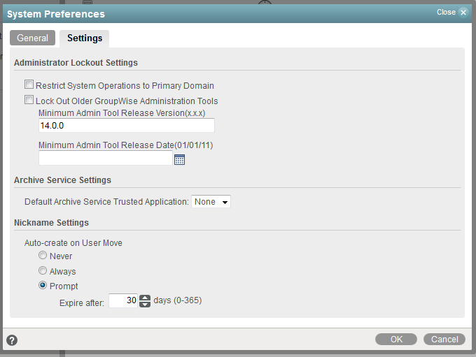 GroupWise System Preferences Settings tab
