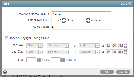 Edit Time Zone dialog box