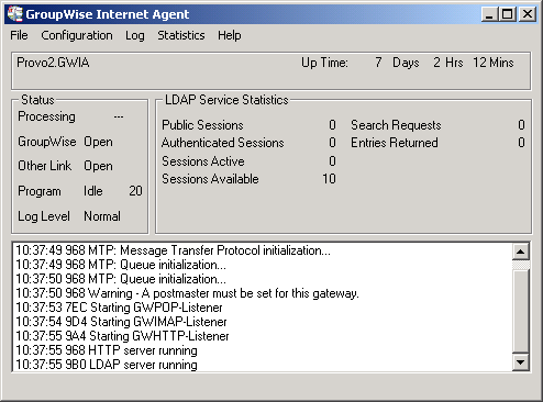 LDAP Service Statistics Section of the GWIA Server Console