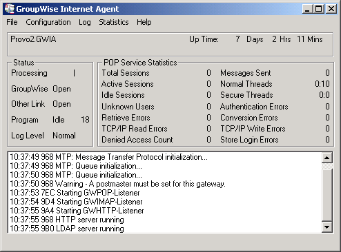 POP Service Statistics Section of the GWIA Server Console