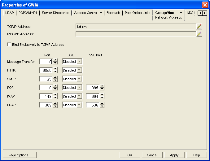 Internet Agent Network Address property page