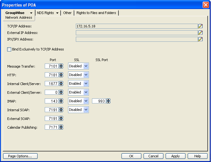 Post Office Agent Network Address Property Page in ConsoleOne