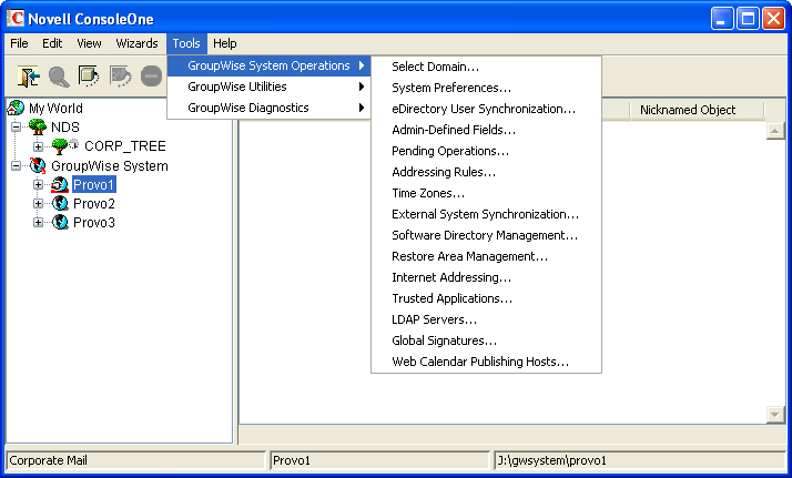 GroupWise System Operations Submenu on the Tools Menu