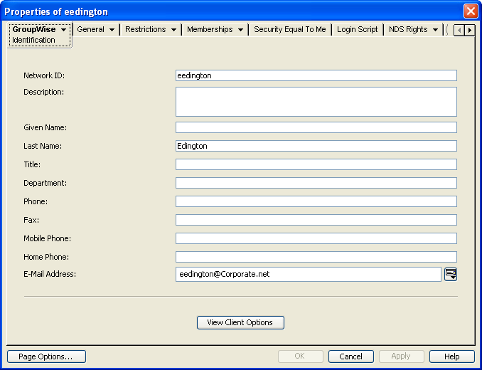 GroupWise Identification property page