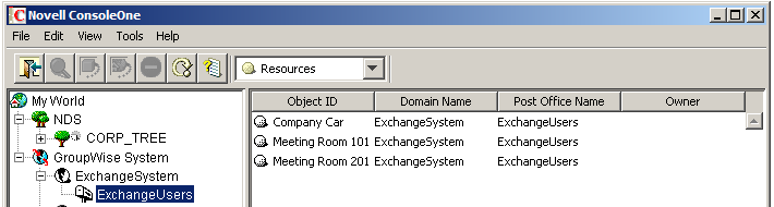 List of Exchange resources in ConsoleOne