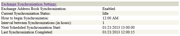 Exchange Synchronization Settings section of the Configuration page in the MTA Web console