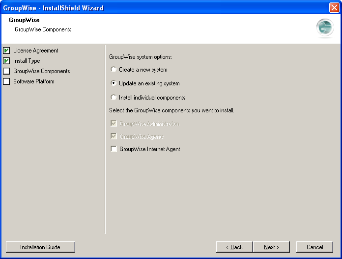 GroupWise Components page with Update selected