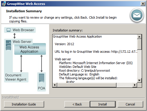 WebAccess Installation Summary page