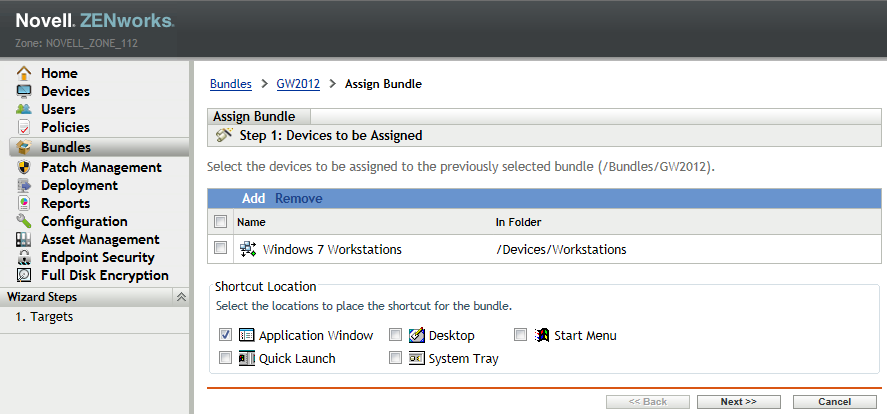 Assign Bundle Shortcut Location page