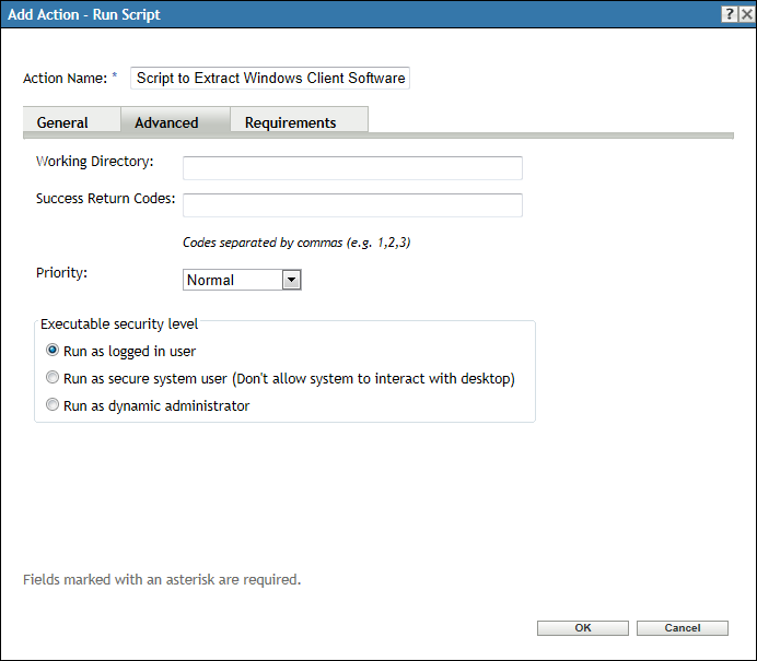 Advanced tab in the Run Script dialog box