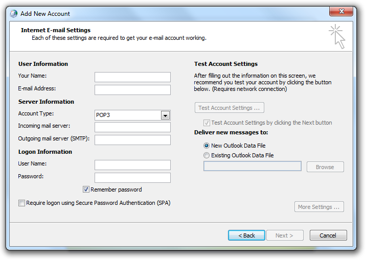 Internet E-Mail Settings page