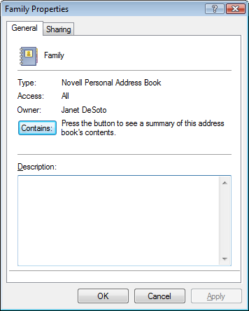 Properties dialog box for an address book, General tab open