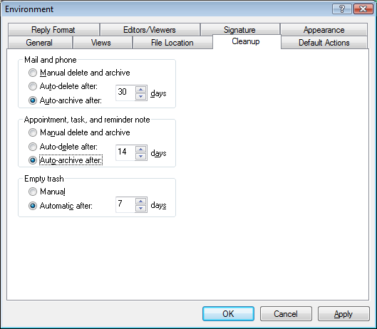 Environment dialog box with the Cleanup tab open