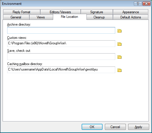 Environment dialog box with the File Location tab open