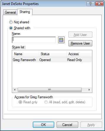 Properties dialog box for an address book, Sharing tab open